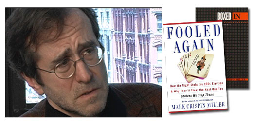 <h3>Mark Crispin Miller</h3>Mark Crispin Miller is a journalist and media critic. He is a professor of media studies at New York University, where he directs the Project on Media Ownership (PrOMO). He is well known both for his writing on all aspects of the media and for his activism on behalf of democratic media reform. His books include Boxed In: The Culture of TV, Seeing Through Movies, and Mad Scientists, a forthcoming study of war propaganda. Miller lives in New York City with his wife, Amy Smiley, and their two sons and special cat.<br /><a href=http://steinhardt.nyu.edu/faculty_bios/view/Mark_Crispin_Miller>NYU Website</a>